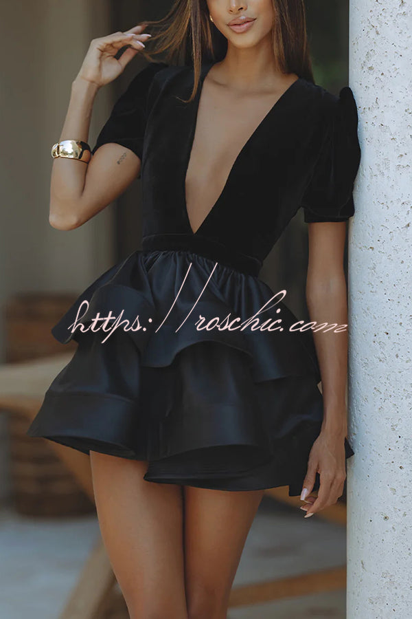 Black Swan Velvet Paneled Satin Puff Sleeve Tiered Mini Dress