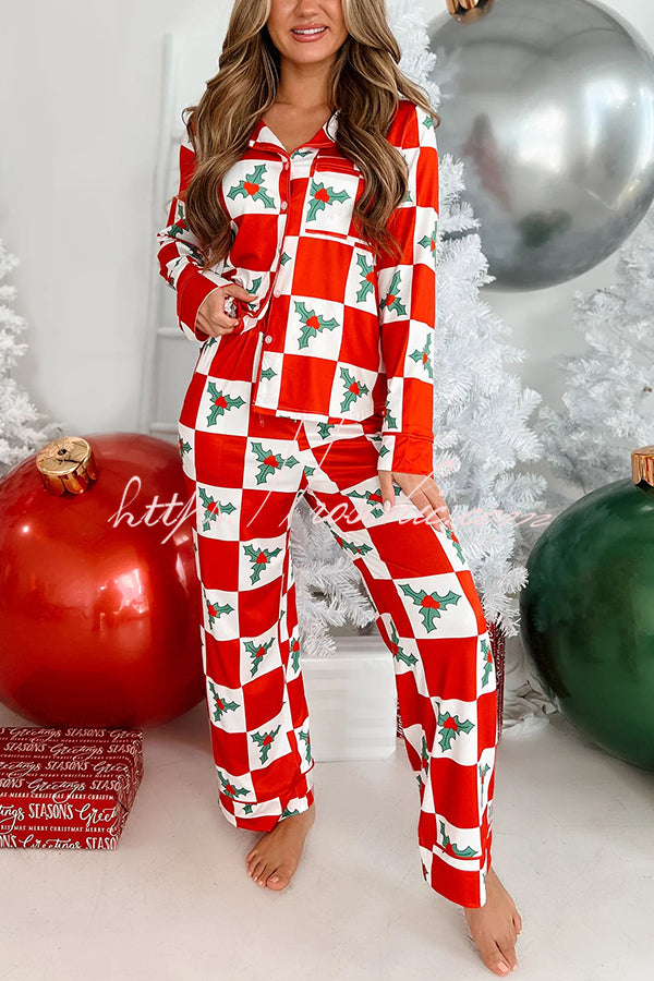 On Christmas Morning Candy Cane Printed Elastic Waist Pocketed Pajama Set