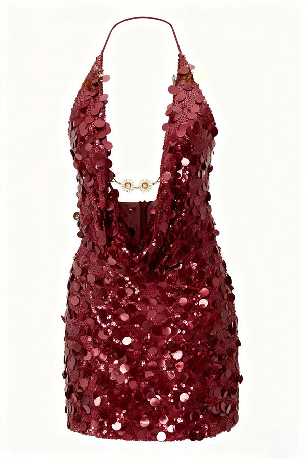 Sexy Halter Neck Sequined Open Back Mini Dress