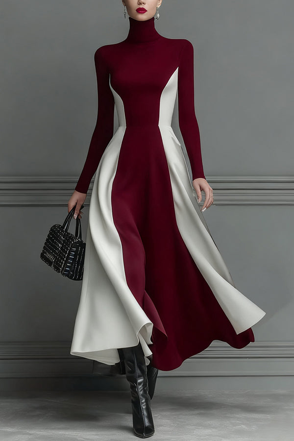 Stylish Color-blocked Turtleneck Long-sleeved Slim-fit Midi Dress