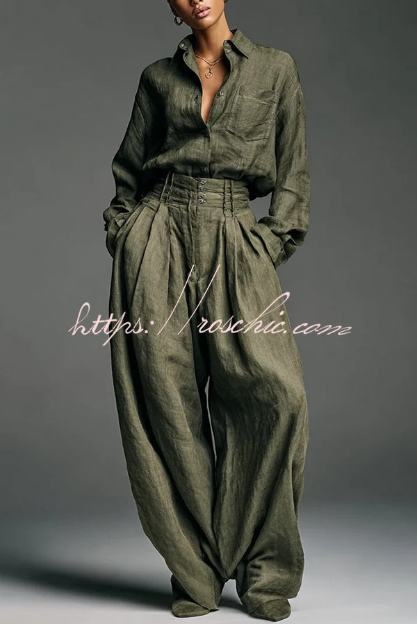 Linen Blend Lapel Long-sleeved Casual Shirt and High-waist Pocket Loose Wide-leg Pants Set