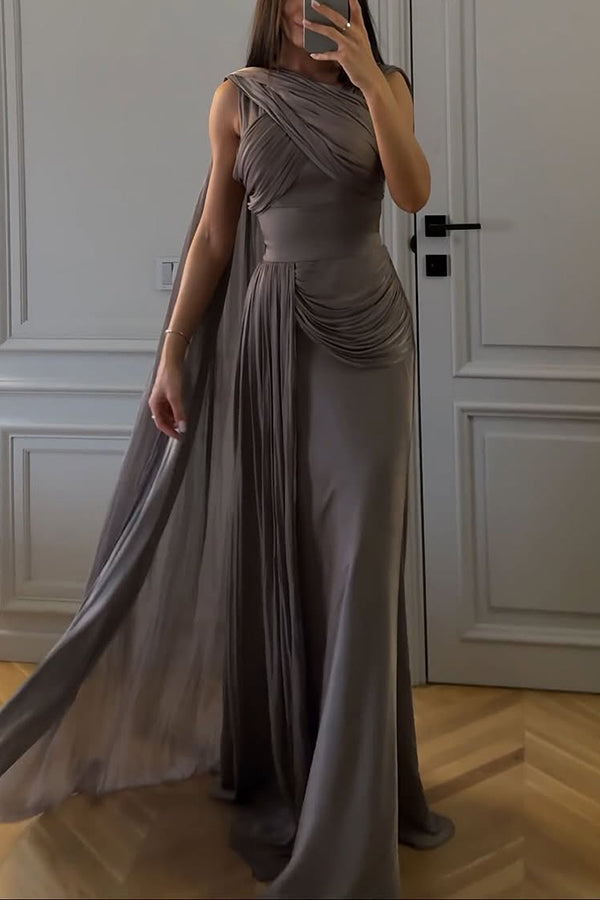 Solid Color Satin Sleeveless Waist Elegant Pleated Ribbon Maxi Dress