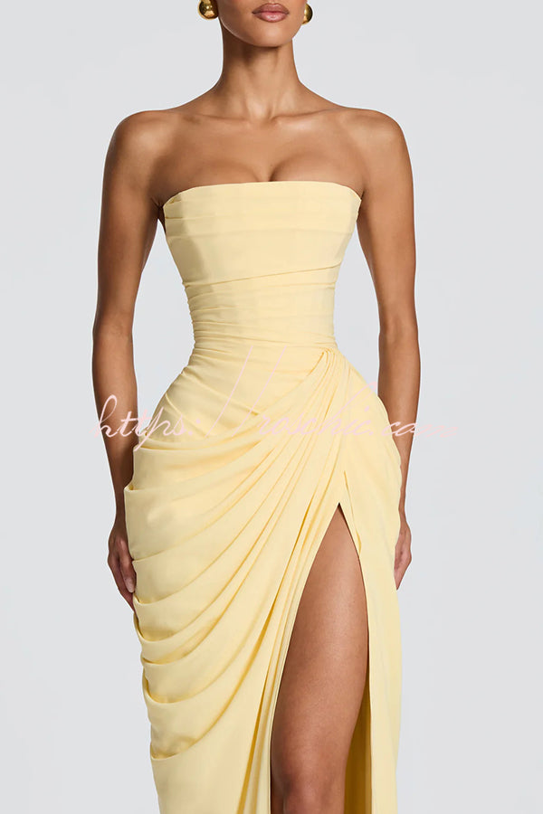 Cyra Chiffon Back Lace-up Asymmetrical Pleats Strapless Slit Maxi Dre – roschic