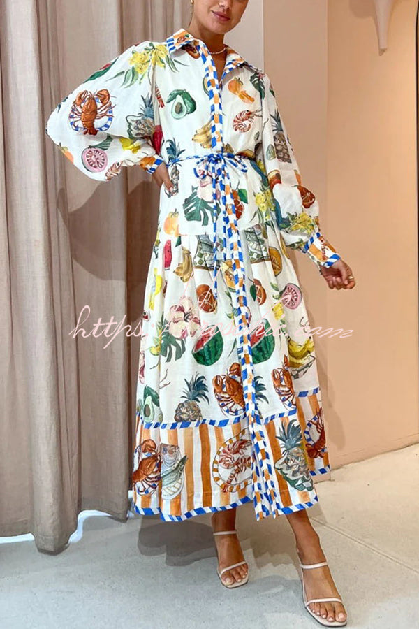 Hopeful Moments Tropical Fruit Print Balloon Sleeve Patchwork Shirt Midi Dress