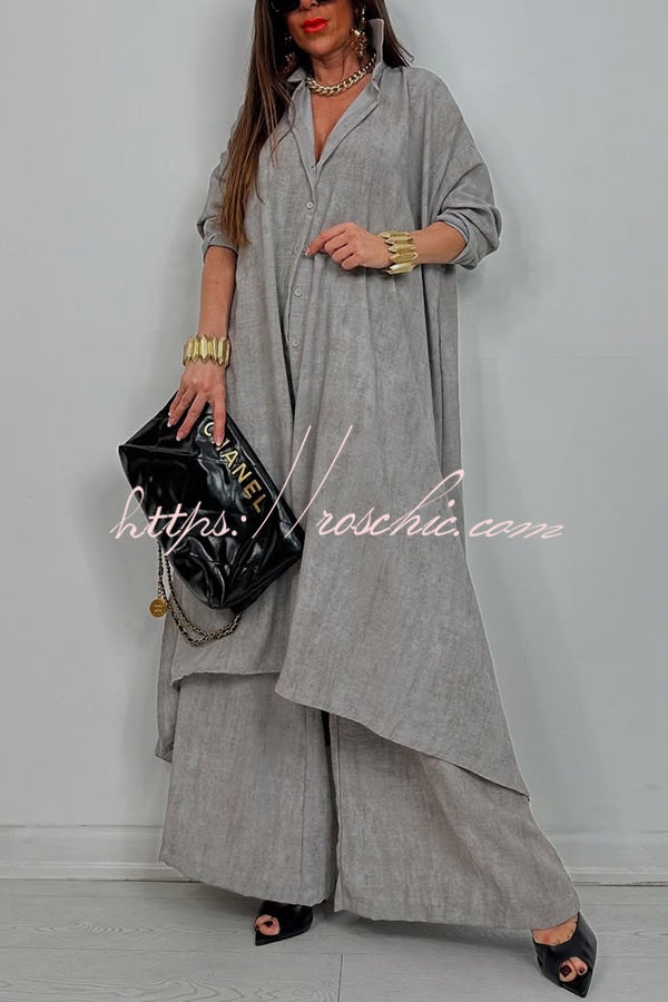 Solid Color Casual Loose Long Shirt and Elastic Waist Pocket Wide Leg Pants Set