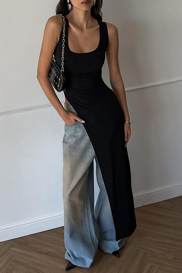 Solid Color Shoulder Strap Slim Fit Slit Maxi Top