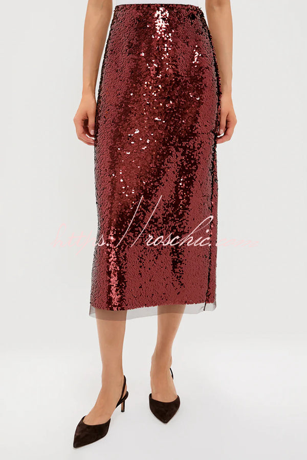 Upper East Chic Sequin Mesh Trim High Rise Slit Pencil Midi Skirt