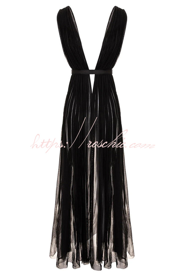 Sexy Muse Semi-sheer Tulle Fabric Fixed Back Tie-up Maxi Dress