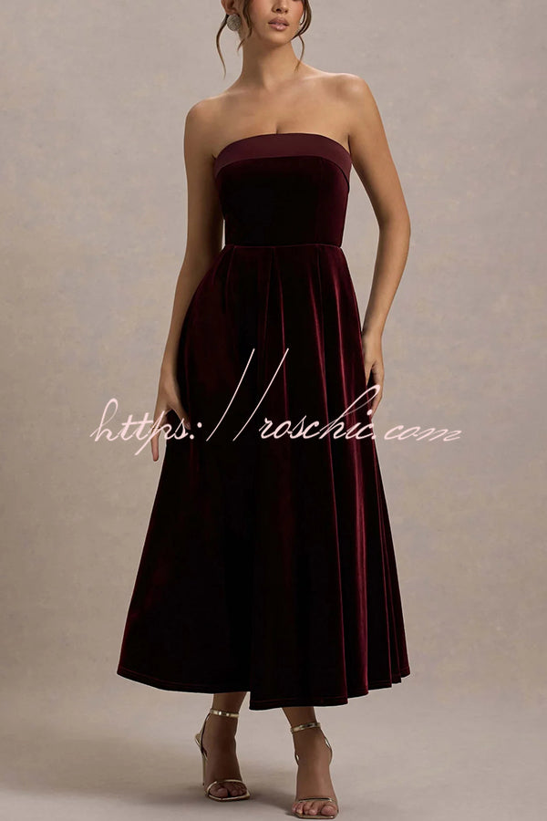 Center of Attention Velvet Satin Neck Bandeau Pleated Midi Dress