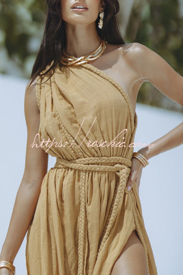 Avani Linen Blend Draped Braids One Shoulder Slit Cover Up Maxi Dress