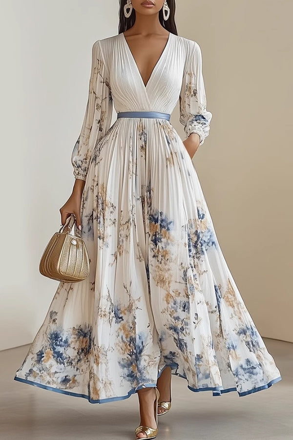 Unique Printed V-Neck Long Sleeve Bow Tie Waist Holiday Maxi Dress