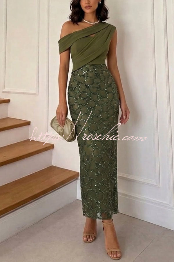 one shoulder ruched irregular dress Exquisite Satin Irregular Lapel Neckline Design Ruched Maxi Dress   Likemychoice