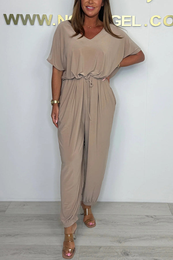 Solid Color V-neck Short-sleeved Waist-tied Loose Casual Jumpsuit