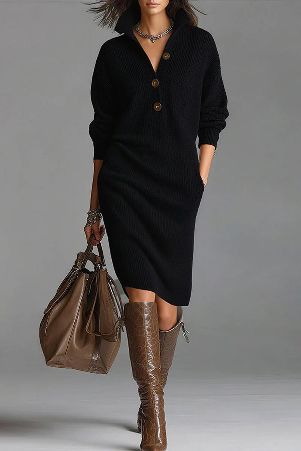 Solid Color Collared Button Loose Casual Knit Midi Dress roschic Solid Color Collared Button Loose Casual Knit Midi Dress roschic