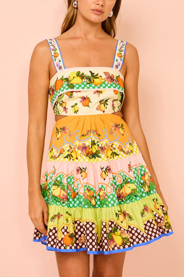 Sweet and Sour Summer Multicolor Lemon Print Pleated Hem Mini Dress