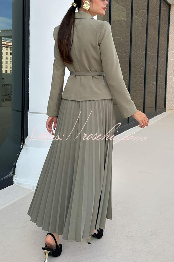 Solid Color Lapel Button Belt Blazer and Pleated Casual Maxi Skirt Set