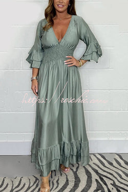 Solid Satin V-Neck Ruffle Sleeve Pleated Waist Maxi Dress