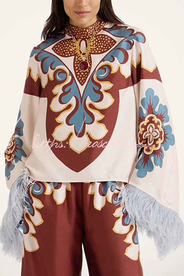 Bohemian Dreams Unique Print High Neck Feather Trim Bell Sleeve Top