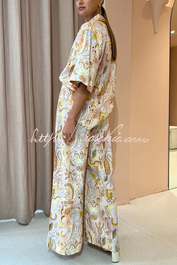 Sunshine Loving Linen Blend Mythological Pattern Button Down Oversized Blouse