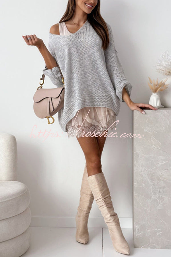 Solid Color Loose V-neck Casual Knitted Sweater