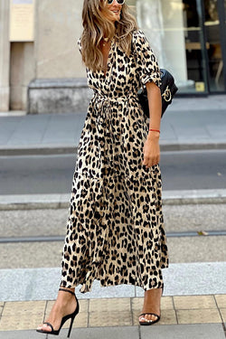 Best of Me Leopard Print Button Long Sleeve Elastic Waist Shirt Maxi Dress