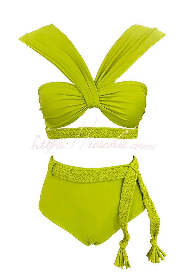 Solid Color Braided Rope High Waist Stretch Two-piece Bikini Swimsuit