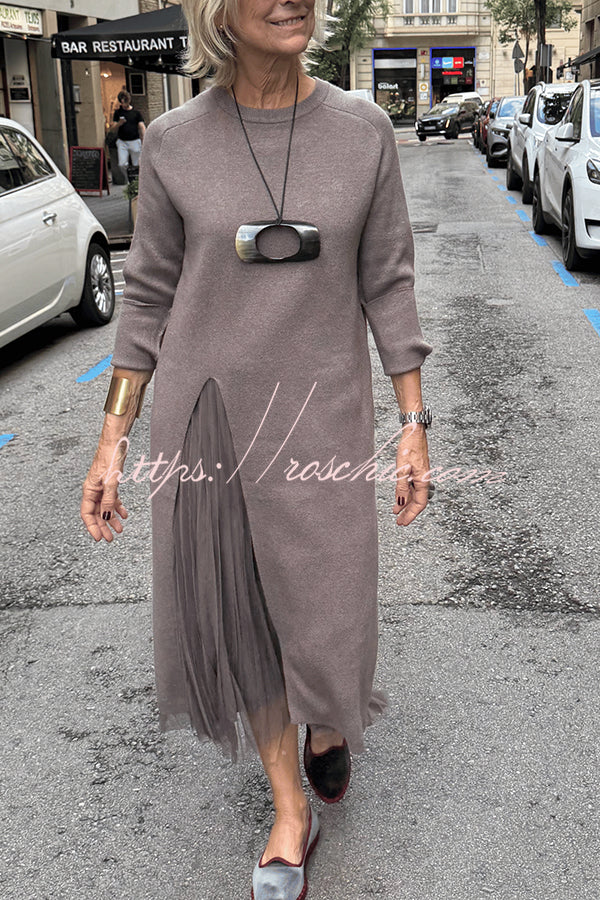 Jollie Knit Long Sleeve Front Slit Midi Sweater and Pleated Tulle Stretch Tank Midi Dress Two-piece