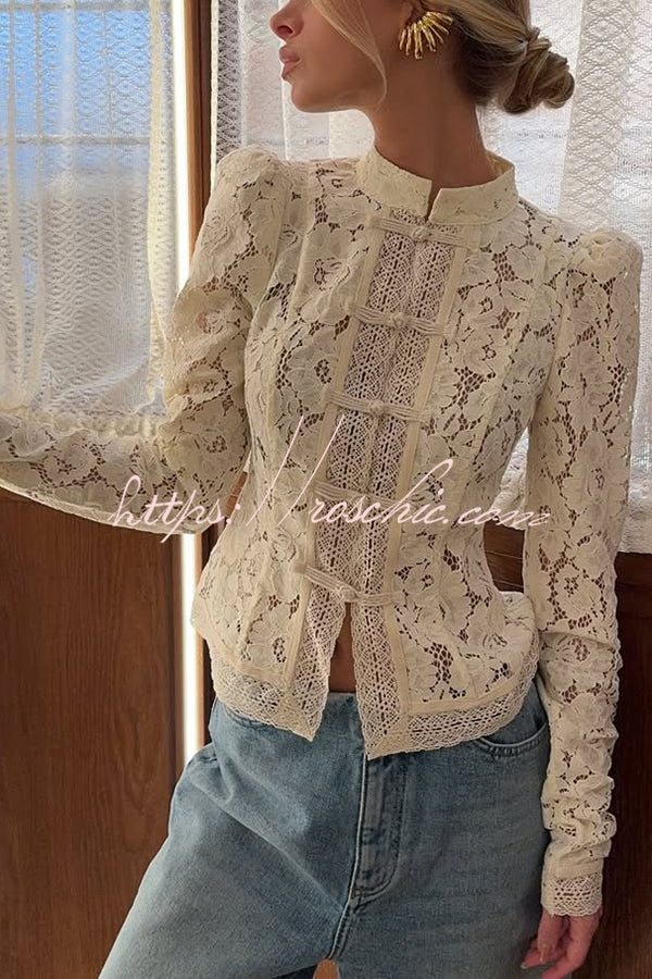 Fashion Hollow Lace Stand Collar Long Sleeve Slim Shirt