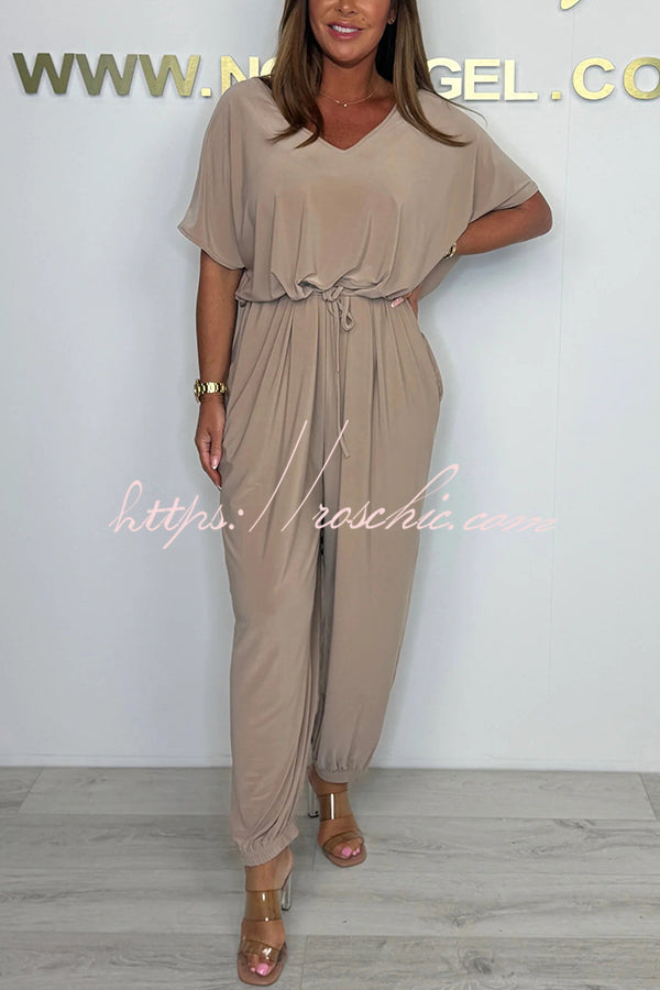 Solid Color V-neck Short-sleeved Waist-tied Loose Casual Jumpsuit