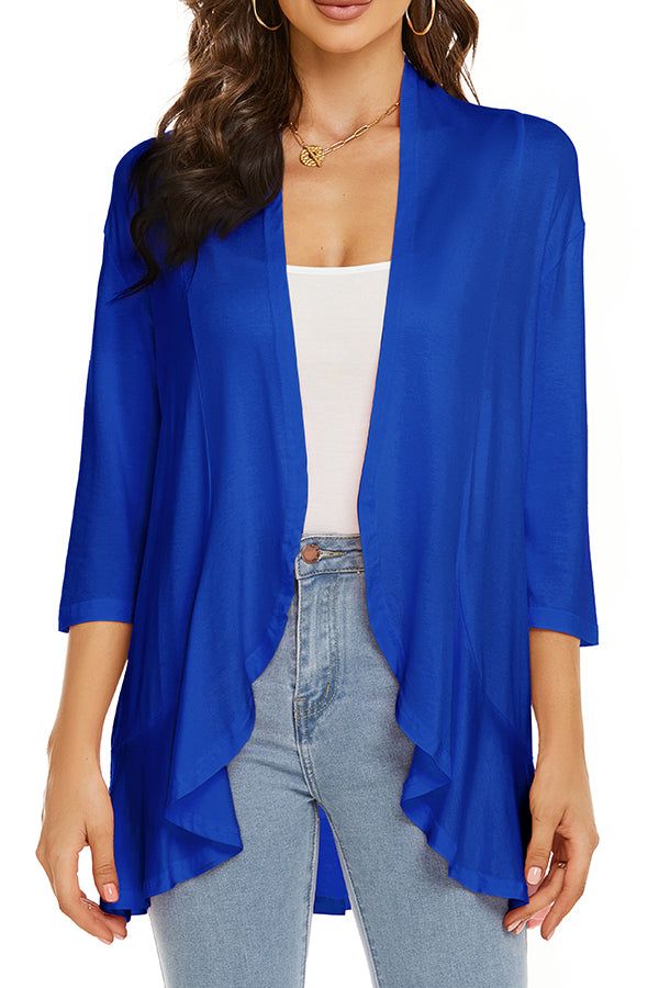 Solid Color Casual Three-quarter Sleeve Ruffled Loose Cardigan