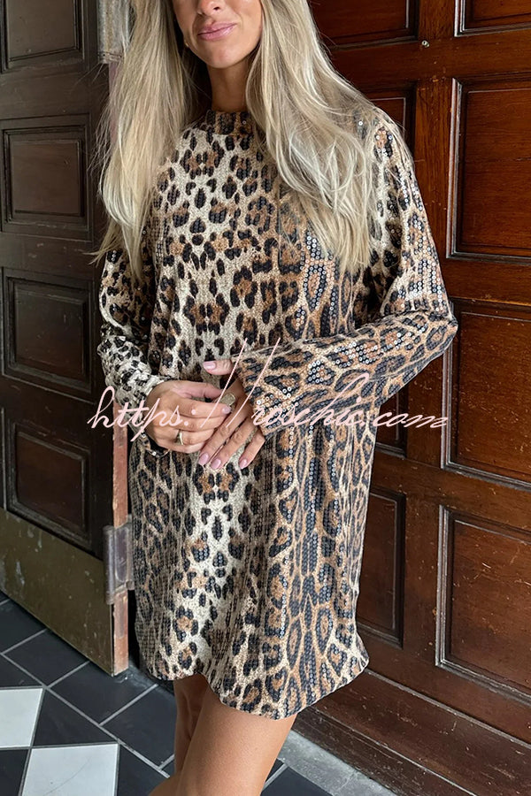 Charming Lady Sequin Leopard Print Long Sleeve H-line Loose Mini Dress