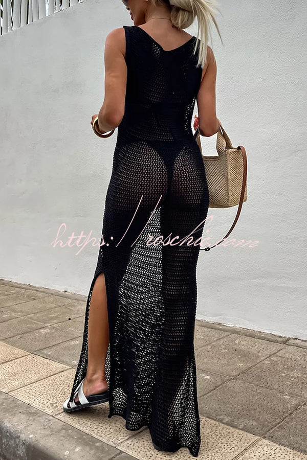 Solid Color Knitted Cutout Slit Slim Fit Maxi Dress