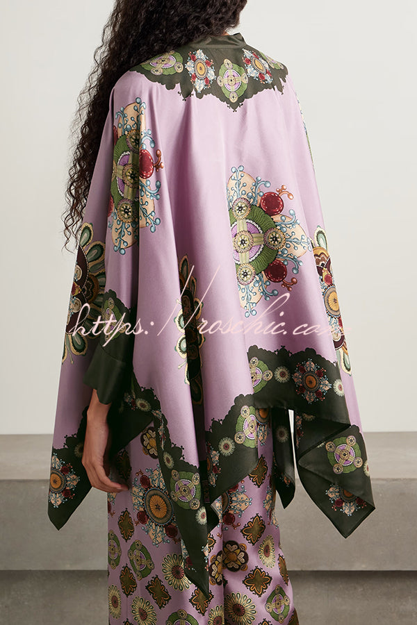 Satin Unique Print Loose Batwing Sleeve Top and Elastic Waist Pocket Casual Wide-leg Pants Set