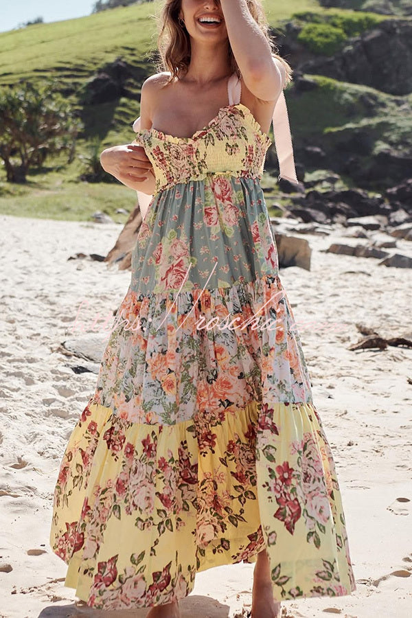 Floral Print Strappy Pleated Paneled Maxi Dress