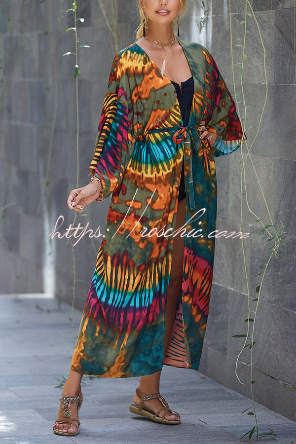 Unique Print Loose Lace Up Holiday Maxi Cover Up