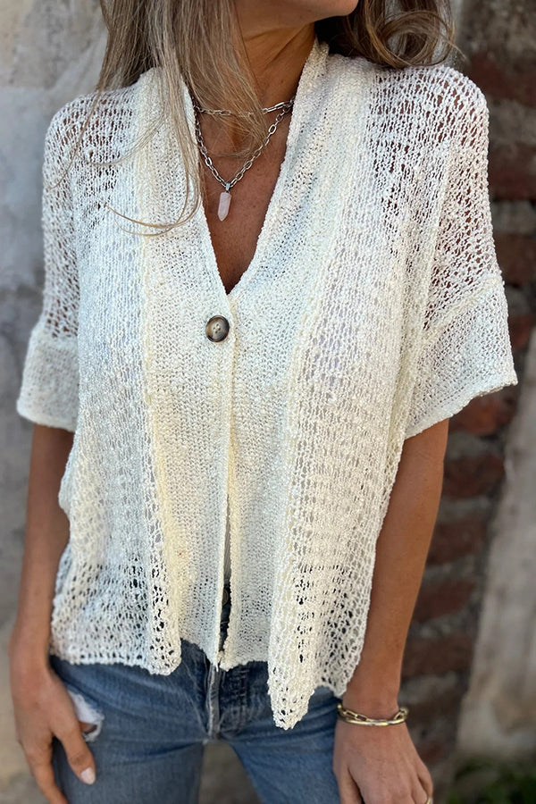 Solid Color Hollow Sleeve V-neck Button Knitted Cardigan