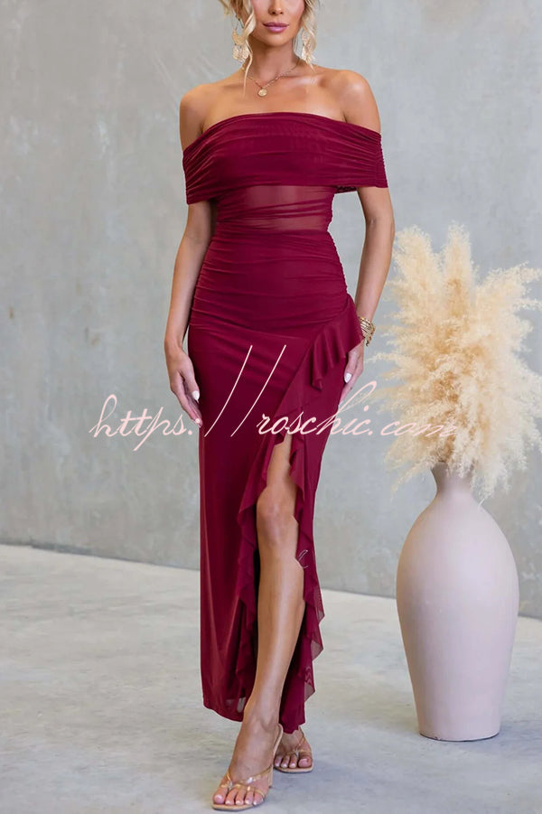 Sexy Mesh Off-shoulder Slim Fit Ruffled Slit Maxi Dress
