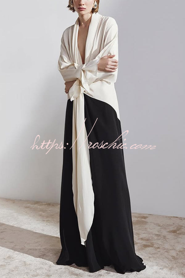 Fashion Contrast Color V-neck Tie High Waist Drape Maxi Dress