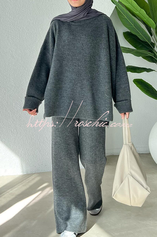 Solid Color Loose Long-sleeved Knit Top and Elastic Waist Casual Straight Leg Pants Set