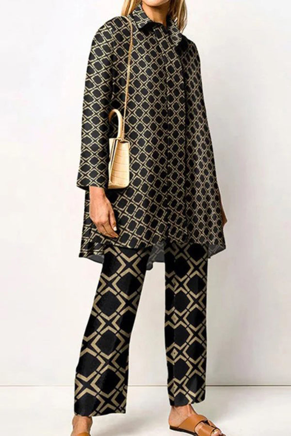 Geometric Print Lapel Long Sleeved Top and Pants Two Piece Set