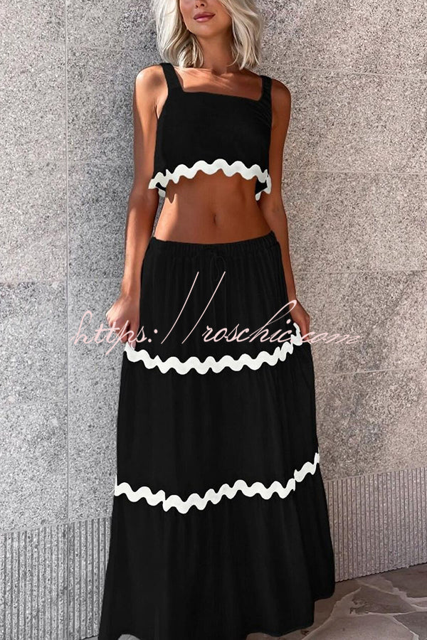 Napa Ric Rac Trims Sleeveless Crop Tank and Drawstring Elastic Waist Pocket Maxi Skirt