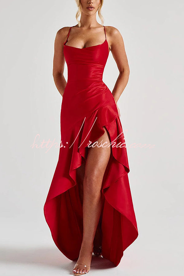 samira maxi dress Samira Satin Back Lace-up Ruffles High Low Slit Maxi Dress – roschic