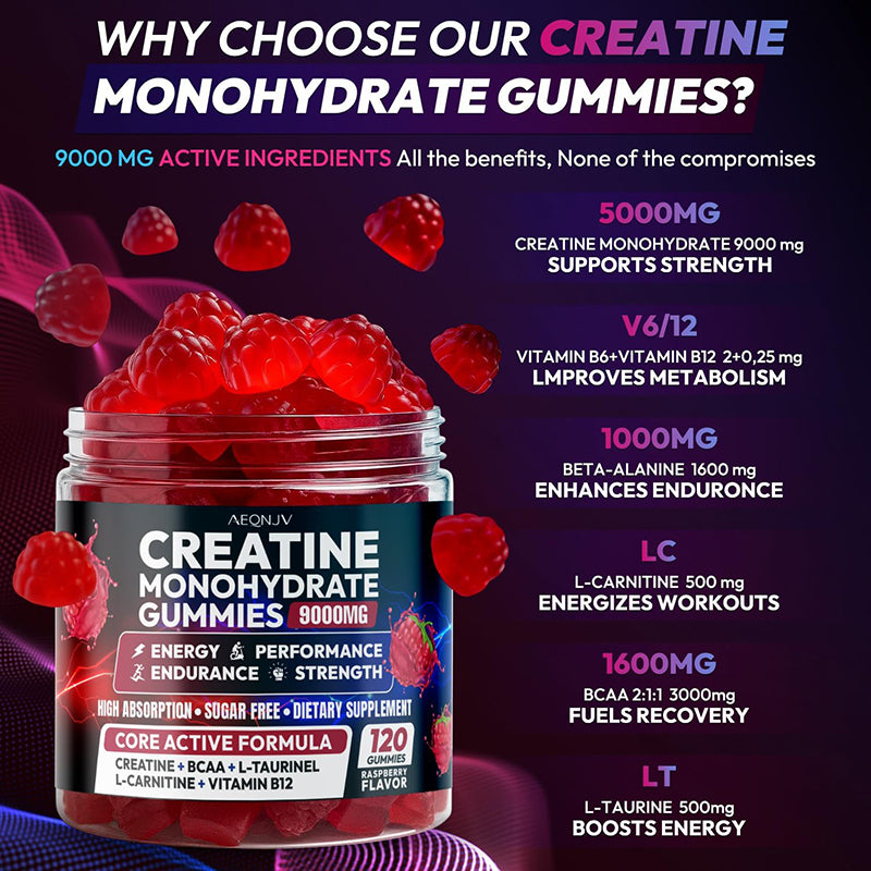 Creatine Gummies Monohydrate Complex 9000MG, Pre-Workout for Men & Women, Creatine Gummy with L-Taurine, BCAA 2:1, B12/6 for Muscle Support, Enhance Strength, Energy Boost-120 Count