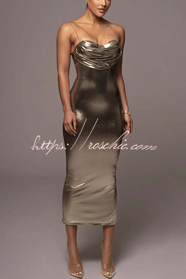 Visions of You Metallic Fabric Cowl Neck Removable Straps Stretch Midi Dress