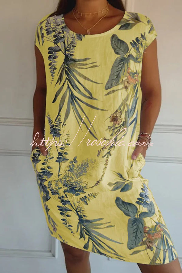 Botanical Print Linen Blend Crew Neck Short Sleeve Pocket Mini Dress