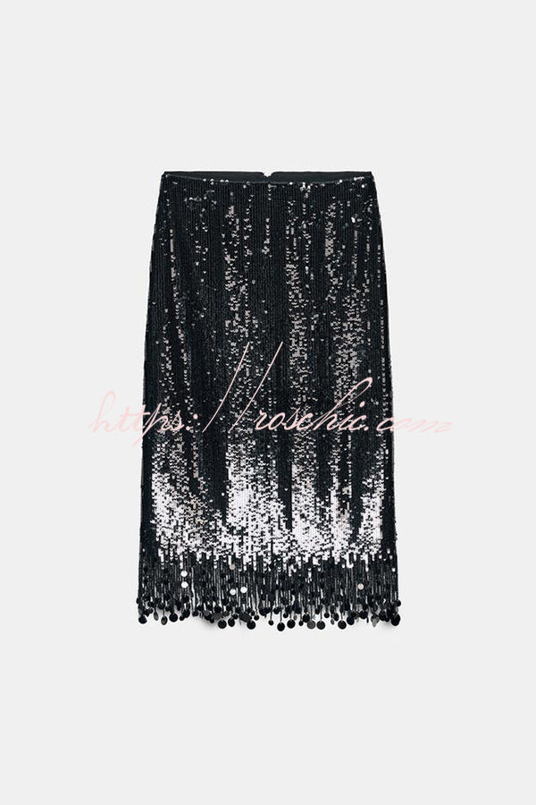 City Queen Sequin Tassel Round Pieces High Rise Back Zipper Midi Skirt