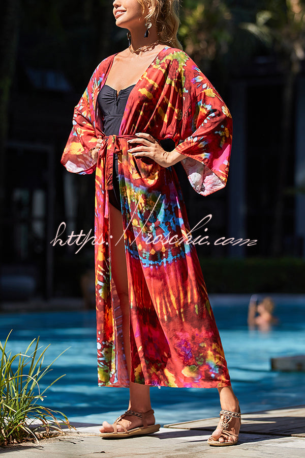 Unique Print Loose Lace Up Holiday Maxi Cover Up