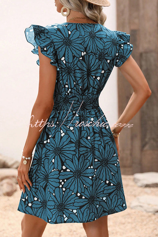 Wonderful Weekend Floral Print Ruffle Sleeve Elastic Waist Mini Dress