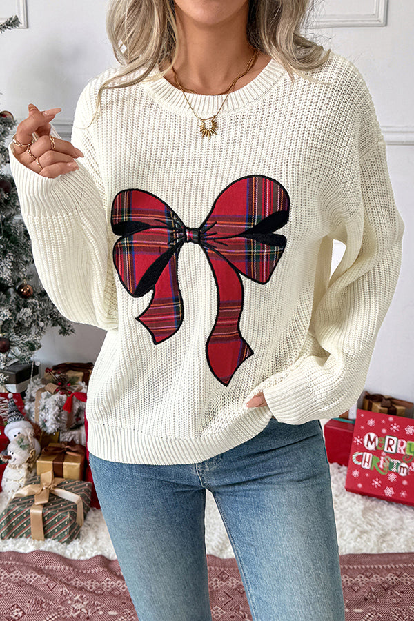 Christmas Plaid Bowknot Round Neck Long Sleeve Loose Knitted Sweater