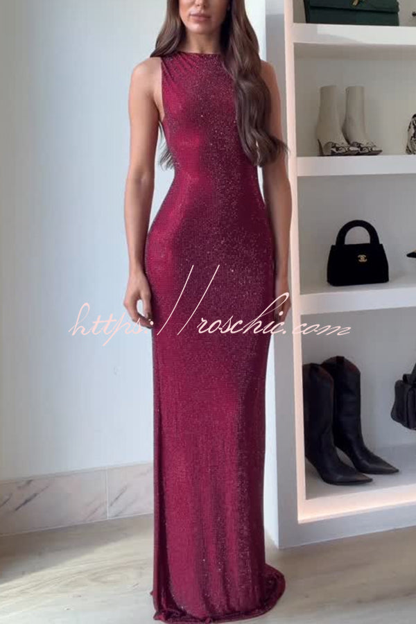 Holiday Nights Sequin Boat Neck Sleeveless Slit Maxi Dress